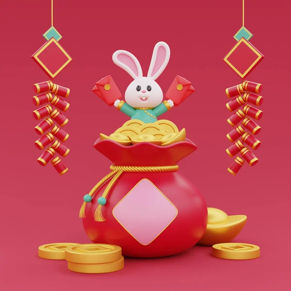 중국의 돈으로 행운의 과붉은 봉투를 귀여운 토끼의 렌더링 — 스톡 사진