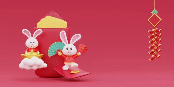 Año Nuevo Chino Banner Sobre Rojo Con Lindo Conejo Celebración —  Fotos de Stock