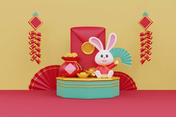 Año Nuevo Chino Banner Sobre Rojo Con Lindo Conejo Celebración —  Fotos de Stock