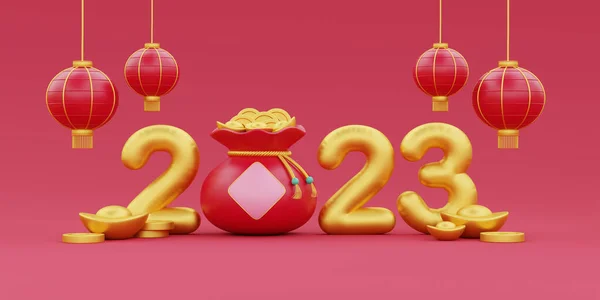 Chinese new year banner, 3D Red fortune bag full of gold and money with Golden text: happy new year 2023 on red background, Chinese Festivals, Lunar, CYN 2023, Year of the Rabbit, 3d rendering