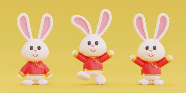 3D cute rabbit cartoon character isolated on yellow background, element for Chinese new year, Chinese Festivals, Lunar, CYN 2023, Year of the Rabbit, 3d rendering