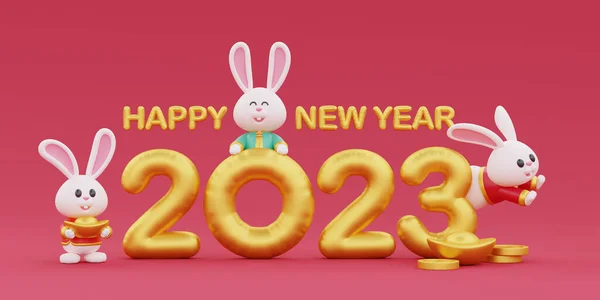 Chinese new year banner, 3D cute rabbit with Golden text: happy new year 2023 on red background, Chinese Festivals, Lunar, CYN 2023, Year of the Rabbit, 3d rendering