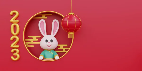 Çin Yeni Yıl Afişi Sevimli Tavşanlı Altın Yazı Kırmızı Zemin — Stok fotoğraf