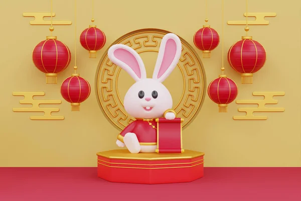 Китайський Новий Рік Банер Милий Кролик Червоним Древнім Сувоєм Святковими — стокове фото