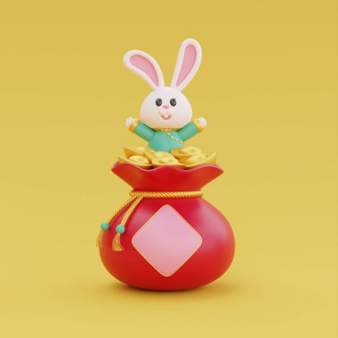 Sarı zemin üzerinde para dolu kırmızı çantalı 3 boyutlu şirin tavşan, Çin Yeni Yıl için element, Çin Festivalleri, Ay, CYN 2023, Tavşan Yılı, 3D