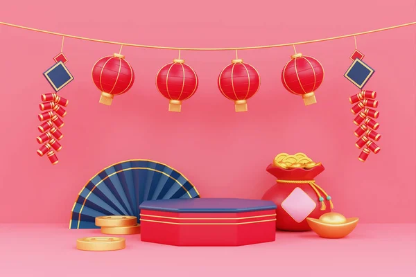 Exibição Pódio Para Conceito Ano Novo Chinês Fundo Vermelho Festivais — Fotografia de Stock
