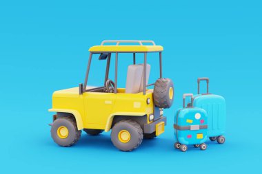 Bavul, turizm ve seyahat konsepti, tatil tatili, aile kampı, doğa yolculuğu, 3D