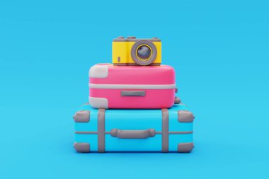 Kameralı çanta, turizm ve seyahat konsepti, seyahat planı, tatil tatili, doğa yolculuğu, 3 boyutlu görüntüleme