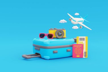 Seyahat aksesuarlı 3D bavul, pasaport, bilet, kamera ve uçak, turizm ve seyahat konsepti, tatil tatili, dünya çapında yolculuk, 3D görüntüleme