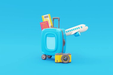 Seyahat aksesuarlı 3D bavul, pasaport, bilet, kamera ve uçak, turizm ve seyahat konsepti, tatil tatili, dünya çapında yolculuk, 3D görüntüleme