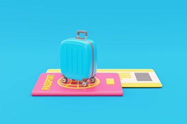 Pasaportu ve mavi arka planda bileti olan 3D bavul, turizm ve seyahat konsepti, tatil tatili, dünya çapında yolculuk, 3D sunum
