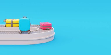 3D bavul ve bavul taşıma bandı, havaalanı terminalinde x-ray tarayıcı, turizm ve seyahat konsepti, tatil tatili, dünya çapında yolculuk, 3D görüntüleme