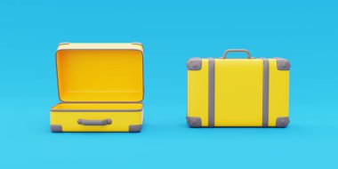 Mavi arka planda 3 boyutlu sarı bavul, turizm ve seyahat konsepti, tatil tatili, dünya seyahati, 3D görüntüleme