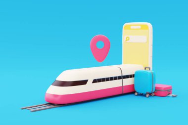 Yüksek hızlı tren ve mavi arka planda bavulu olan 3D akıllı telefon, küresel ulaşım, turizm ve seyahat konsepti, tatil tatili, dünya çapında yolculuk, 3D görüntüleme