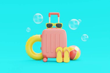 Yaz zamanı konsepti. Plaj elementleri, güneş gözlükleri, şişirilebilir yüzük, top ve parmak arası terlikler. tatil ve tatil, 3D görüntüleme