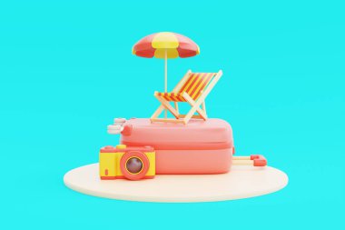 Yaz zamanı konsepti. Plaj elementleri, plaj sandalyesi, şemsiye ve kamera dolu bavul. tatil ve tatil, 3D görüntüleme
