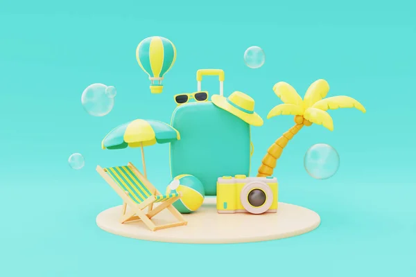 Summer time concept with suitcase, beach chair, umbrella, coconut palm, camera and hot air balloon floating. holiday and vacation, 3d rendering