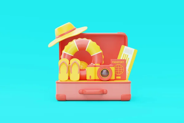 夏天的时间概念 装有海滩物品 充气环 相机和护照的打开的行李箱 假日及假期 3D渲染 — 图库照片