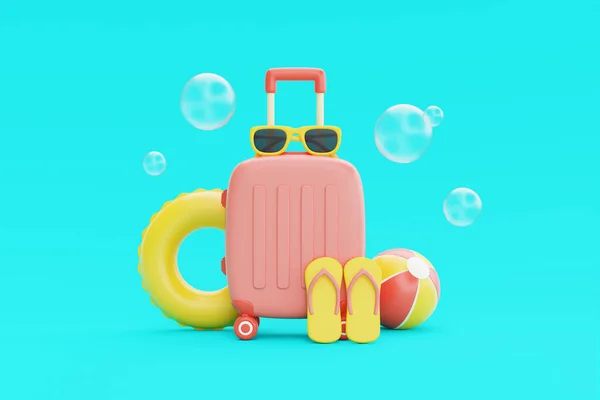 夏天的时间概念 装有海滩元件 太阳镜 充气环 球和翻筋斗的套件 假日及假期 3D渲染 — 图库照片