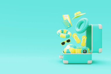 Yaz zamanı konsepti. Plaj elemanları, şişme yüzük, parmak arası terlik, şapka, kamera ve pasaport. tatil ve tatil, 3D görüntüleme