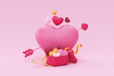 Happy Valentine's Day. Pink heart shape balloons with Opened gift box full of hearts. Element decor for valentine. 3d rendering