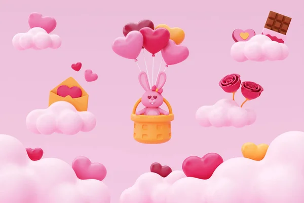 Happy Valentine Day Hot Air Balloon Floating Teddy Bunny Pink — Stockfoto