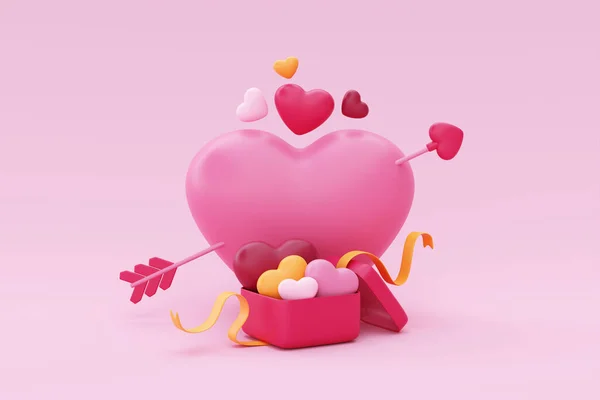 Happy Valentine Day Pink Heart Shape Balloons Opened Gift Box — Stockfoto