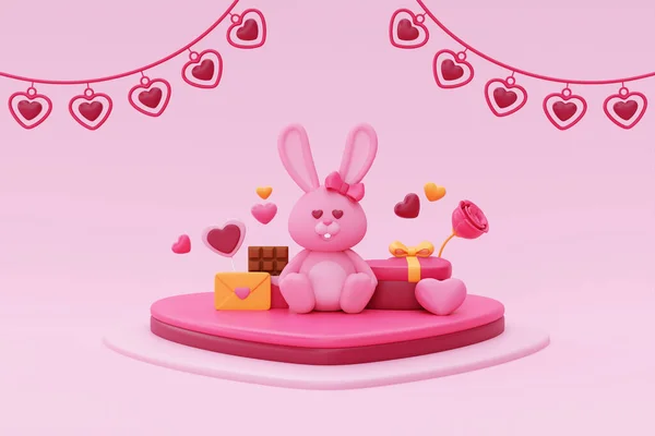 Happy Valentine Day Teddy Bunny Heart Shape Balloons Presents Rose — Stockfoto