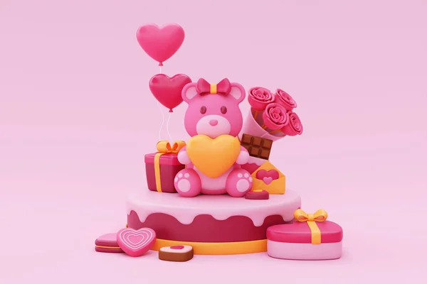 Happy Valentine Day Teddy Bear Heart Shape Balloons Presents Rose — Stockfoto