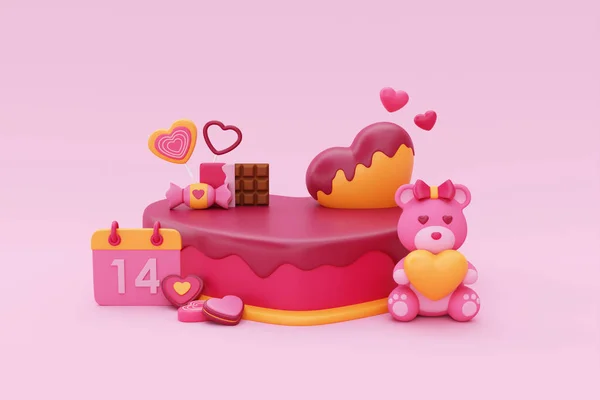 Happy Valentine Day Heart Shaped Cake Display Teddy Bear Heart — Foto de Stock
