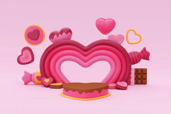 Happy Valentine Day Heart Shaped Cake Display Heart Shaped Cookies — Foto de Stock