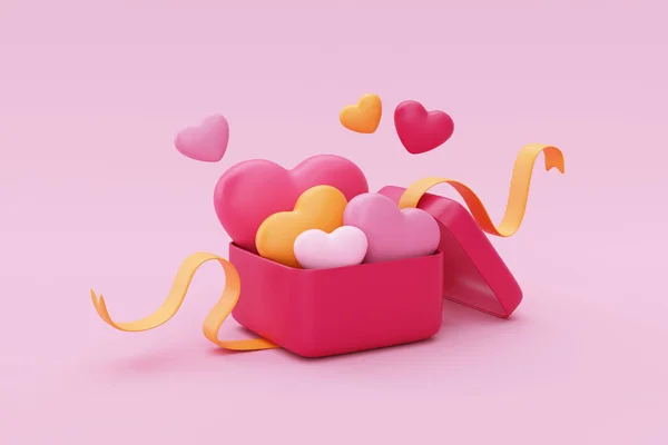 Opened Pink Gift Box Full Heart Shaped Balloons Isolated Pink — Foto de Stock