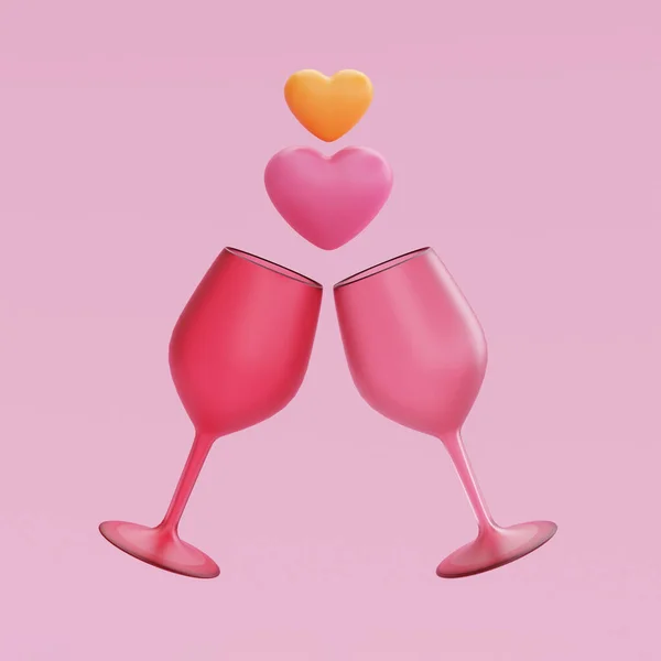 Champagne Glasses Heart Shape Balloons Floating Isolated Pink Background Element — Foto de Stock