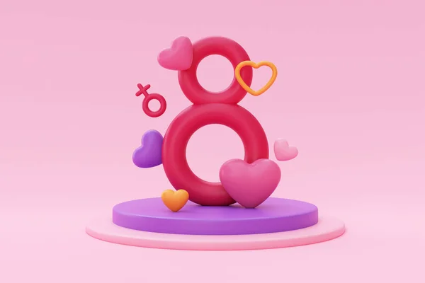 International Women\'s Day. 8 march. Number 8 with female sign, hearts and flowers on pink background. Mother\'s Day. 3d rendering