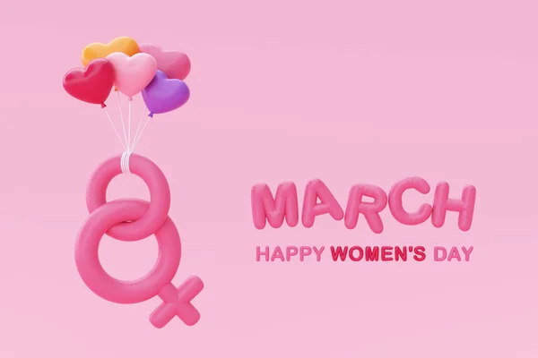 International Women's Day. 8 march. Number 8 with female sign balloons floating on pink background. Mother's Day. 3d rendering