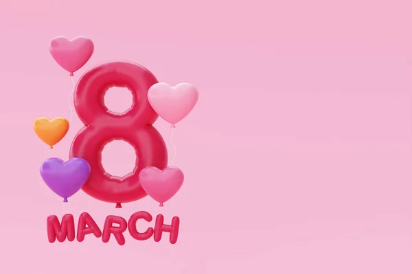 International Women\'s Day. 8 march. Number 8 with female sign balloons floating on pink background. Mother\'s Day. 3d rendering