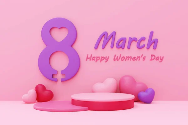 International Women\'s Day. 8 march. Podium display with female sign and hearts on pink background. Mother\'s Day. 3d rendering