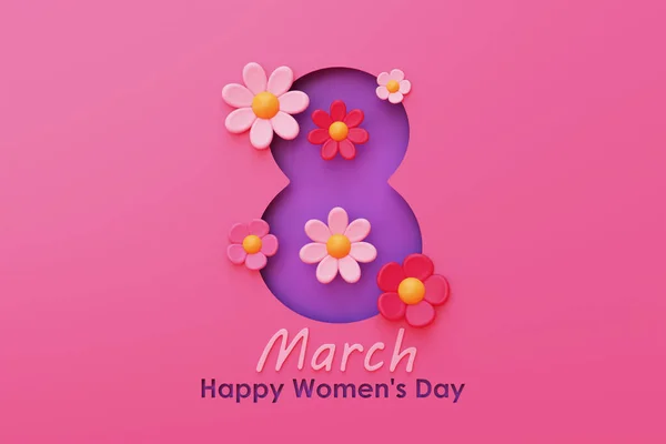 International Women's Day. 8 march. Number 8 with flowers on pink background. Mother's Day. 3d rendering