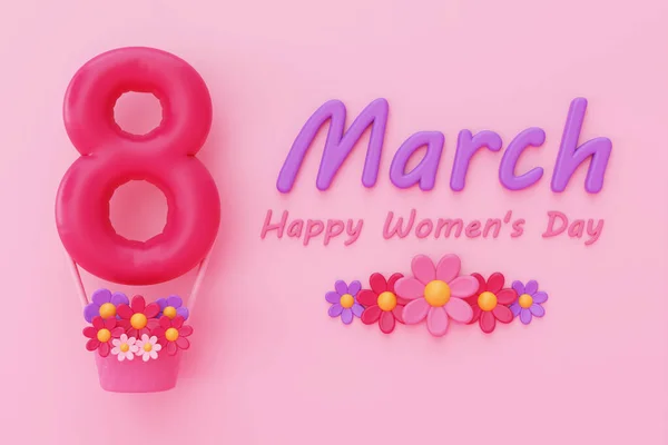 International Women\'s Day. 8 march. Number 8 with flowers on pink background. Mother\'s Day. 3d rendering