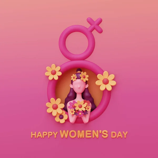 International Women\'s Day. 8 march. Cute woman with Number 8, female sign, hearts and flowers. femininity, diversity. Mother\'s Day. 3d rendering