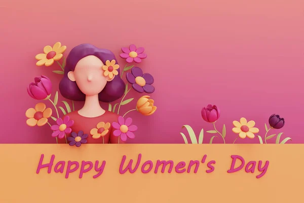 International Women\'s Day. 8 march. Cute women with flowers. femininity, diversity. Mother\'s Day. 3d rendering
