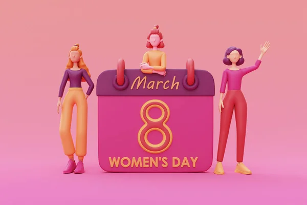 International Women\'s Day. 8 march. A group of beautiful women with different beauty, hair and skin color. femininity, diversity. Mother\'s Day. 3d rendering