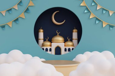 Ramazan Kareem ya da Kurban Bayramı camii, altın hilal ve bulutlu Mübarek. Müslüman İslam Festivali. 3d renderin