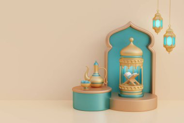 Ramazan Kareem ya da Kurban Bayramı mübarek, altın hilal, fener, kahve demliği, kurutulmuş tarihler, kutsal Kuran. Müslüman İslam Festivali. 3d renderin