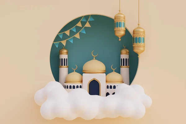 Ramadan Kareem Eid Adha Mubarak Τζαμί Χρυσό Ημισέληνο Και Σύννεφο — Φωτογραφία Αρχείου