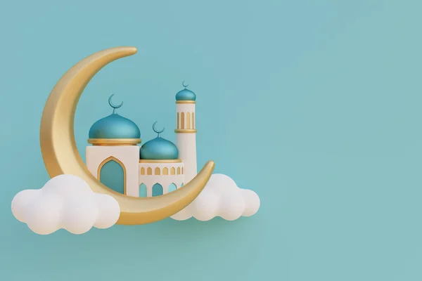 Ramadán Kareem Eid Adha Mubarak Con Mezquita Luna Creciente Oro — Foto de Stock