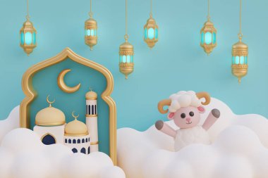 Ramazan Kareem ya da Kurban Bayramı mübarek. Koyun, cami, altın fener, hilal ve bulutlu. Müslüman İslam Festivali. 3d renderin