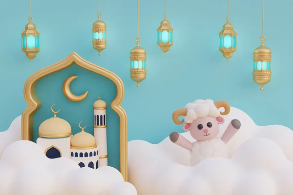 Рамадан Карим Аль Адха Мубарак Милыми Мультяшными Овцами Мечетью Золотым — стоковое фото