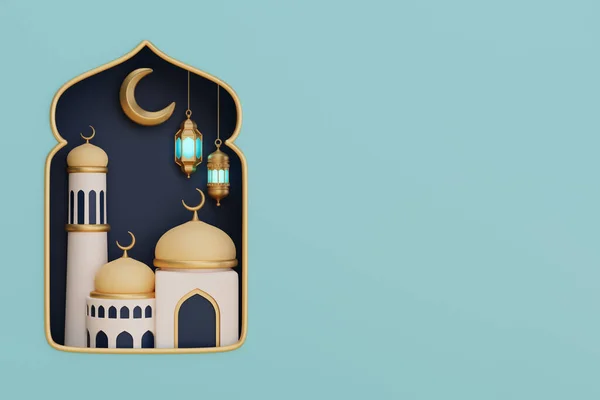 Ramadan Kareem Eid Adha Moubarak Avec Mosquée Croissant Lune Lanterne — Photo