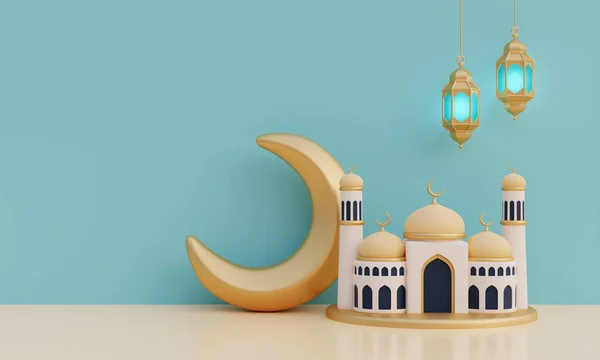 ラマダーン カレームやイード ムバラクは モスクや金の三日月 ランタンを持っています イスラム教の祭り 3Dレンダリング — ストック写真